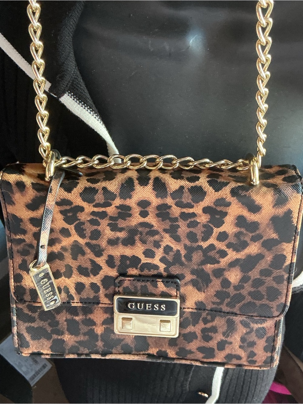 GUESS Leopard Print Crossbody Bag with Gold Chain